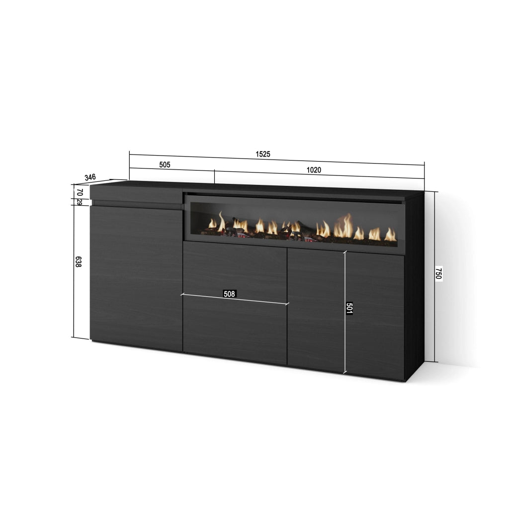 Credenza, Mobile, 150x35x75cm, 3 Porte, Camino elettrico, Nero RF2514