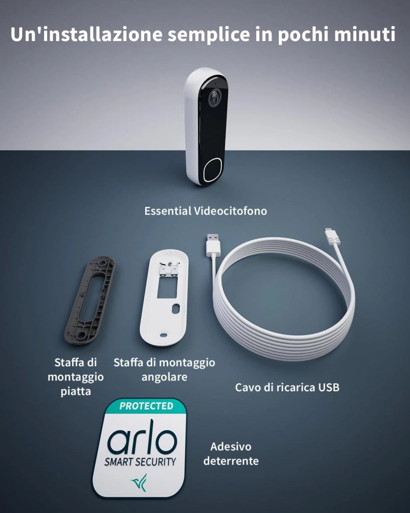 Arlo Essential FHD Videocitofono, Telecamera WiFi Esterno Senza Fili, Campanello Senza Fili da Esterno, Citofono Smart, Sensore Movimento, Visione Notturna, Sirena, Prova Inclusa Secure App, Bianco
