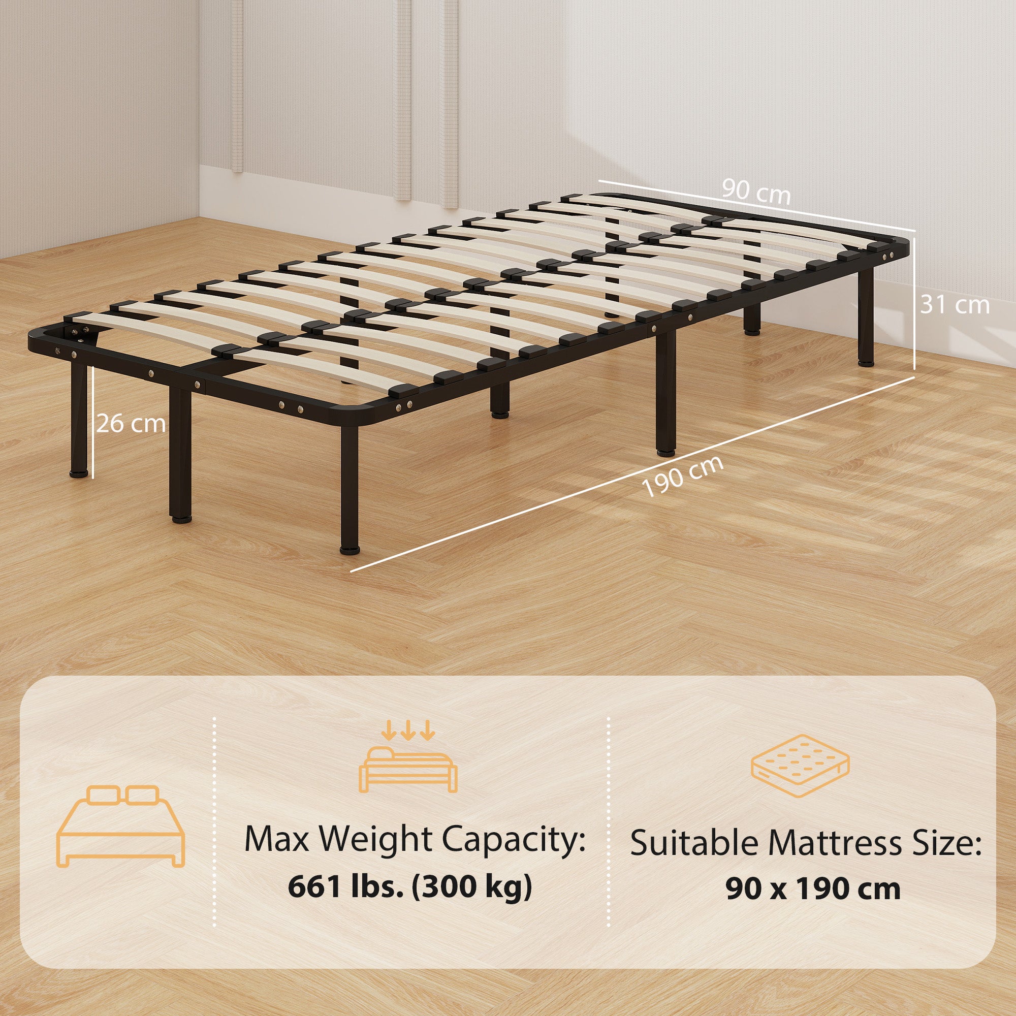 Rete Fissa Letto Singolo 190x90x31 cm a 28 Doghe con Spazio Sottostante in Legno e Acciaio Nero e Legno