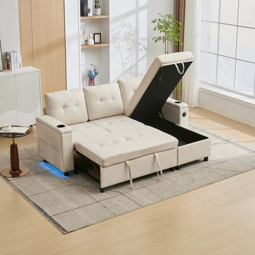 Divano letto pieghevole beige con LED, USB-C e contenitore