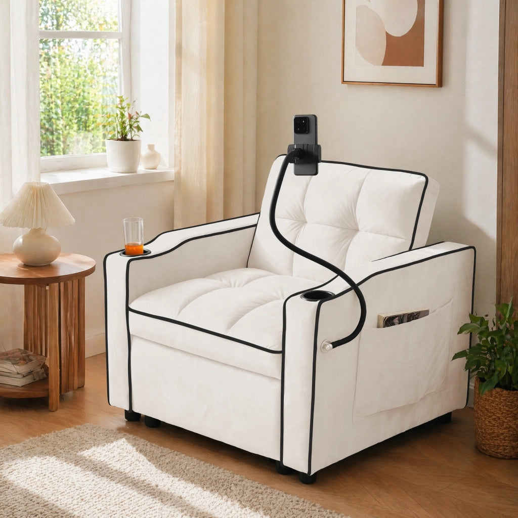 DIVANO LETTO 3-in-1 83 x 167 x 76 cm Beige con portabicchieri e supporto telefono
