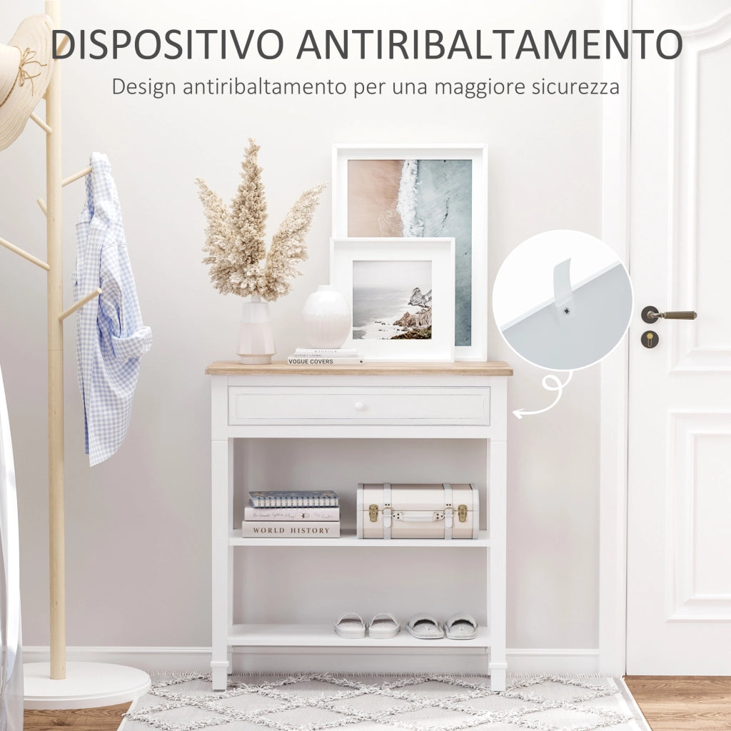 EasyComfort Tavolo Consolle Bianco e Color Legno con Cassetto e 2 Ripiani, Tavolino Salvaspazio in MDF, 75.6 x 27.5 x 80.5cm