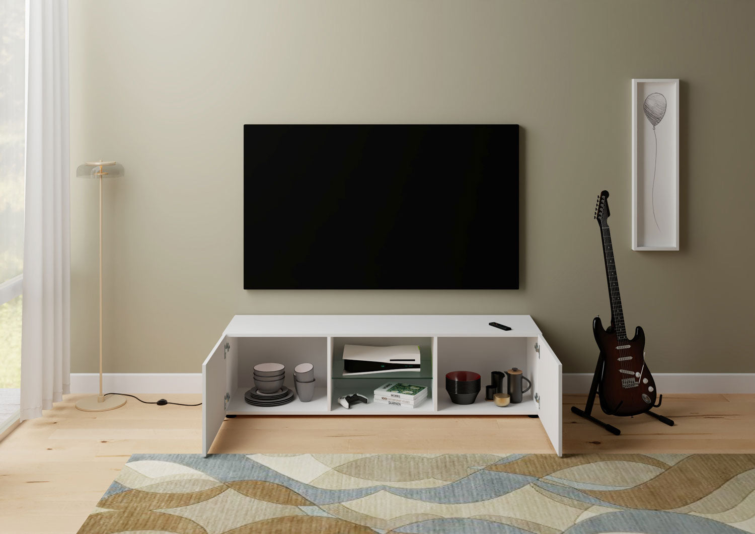 Mobile Tv 2 Ante Con Vano A Giorno 150x40x40 cm Elios Bianco Lucido