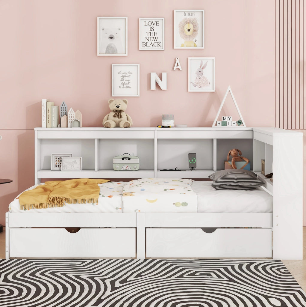 Divano letto 90x200 cm con 2 cassetti e prese USB; truciolare e MDF; bianco (Senza materasso)
