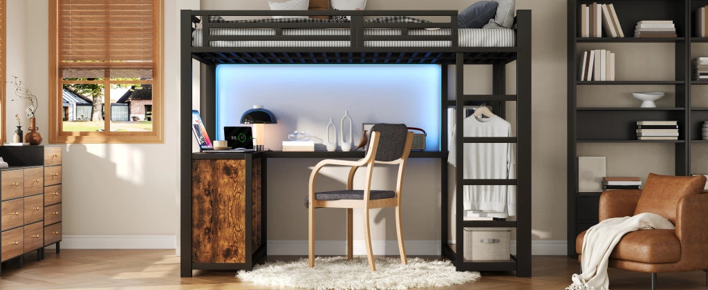 LETTO a Soppalco 140x200 cm con Scrivania, LED e Armadio Aperto Nero