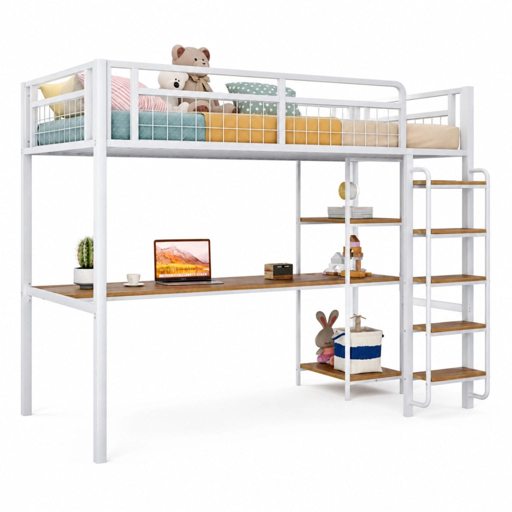 Letto a soppalco in metallo 90x200 cm con scrivania e ripiani; bianco