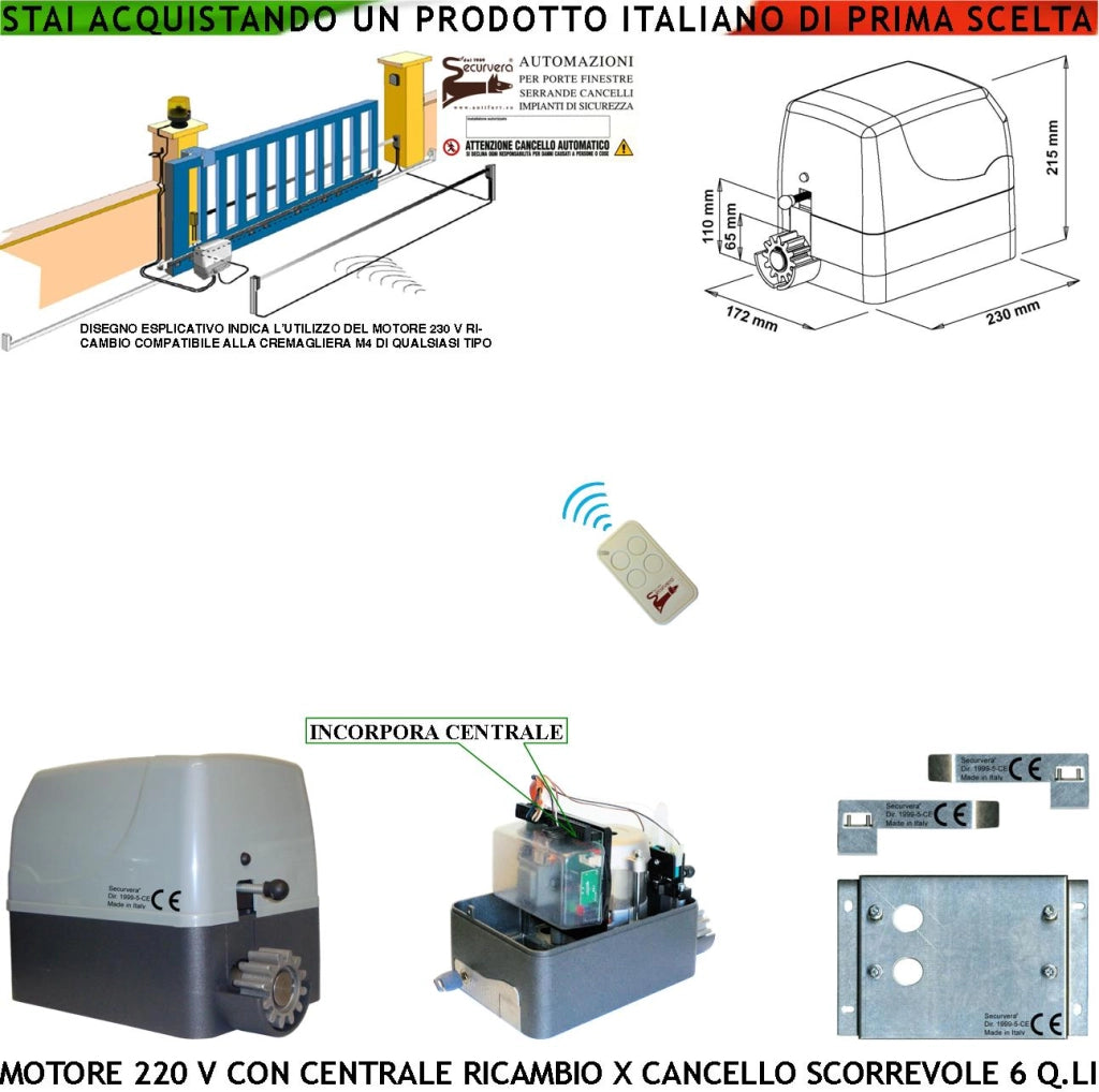 Cancello Scorrevole 6 Q.li da Sostituire Motore 230 V Con Centrale di Comando Radiocomando Pignone Z12 Duralluminio Per Cremagliera M4 in Nylon Cartello Monitore Compatibile Tutte Marche Italiane CE