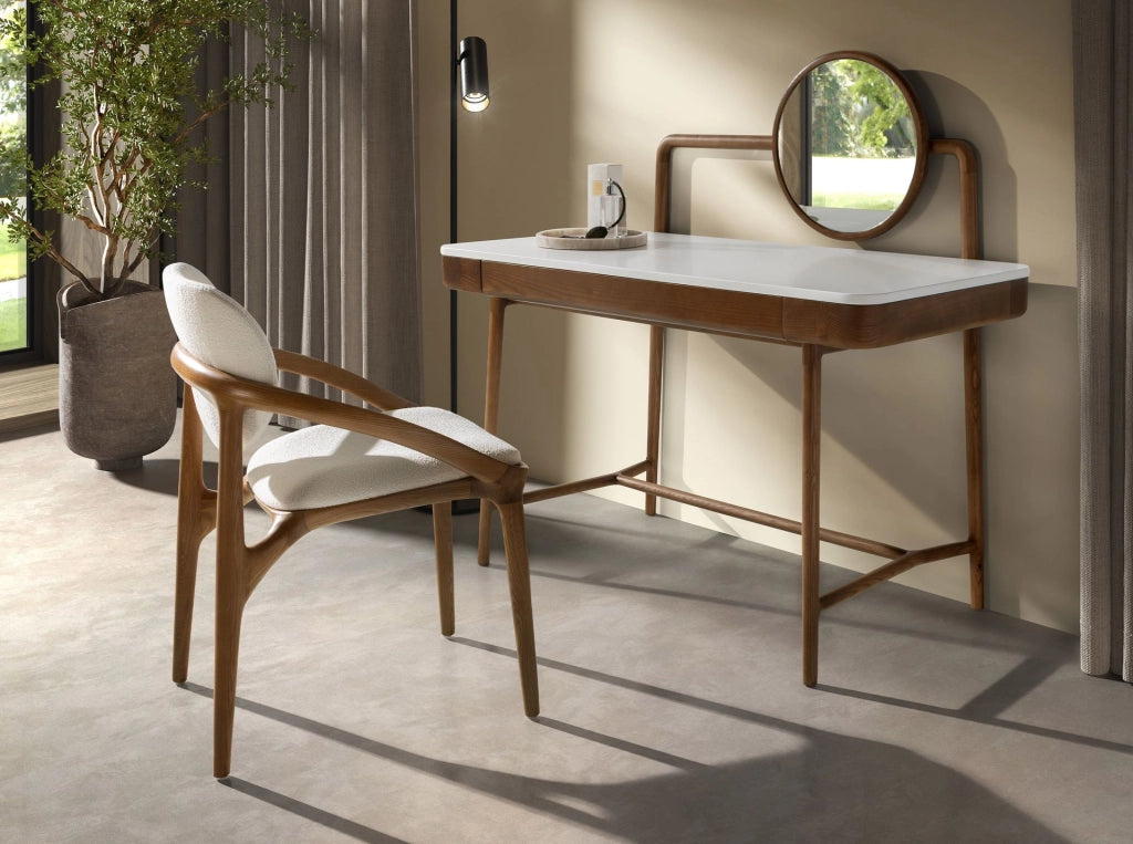 Scrivania toeletta in noce con piano in legno bianco e specchio