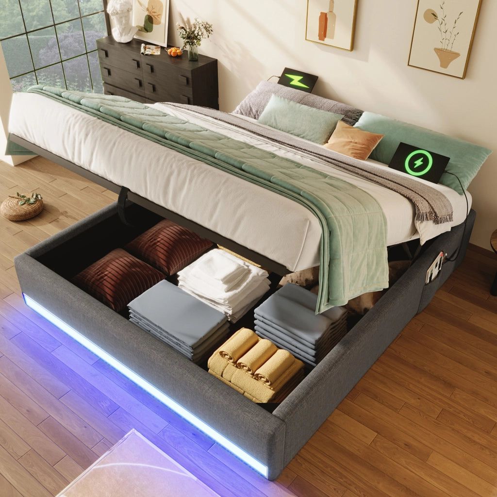 Letto Contenitore Matrimoniale 140x200 cm; USB; Type-C; LED; Tasche laterali; in Lino Grigio