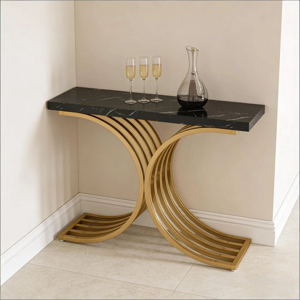 Consolle elegante in marmo e metallo con piano rettangolare per ingresso e soggiorno nero e oro 100 × 30 × 80 cm