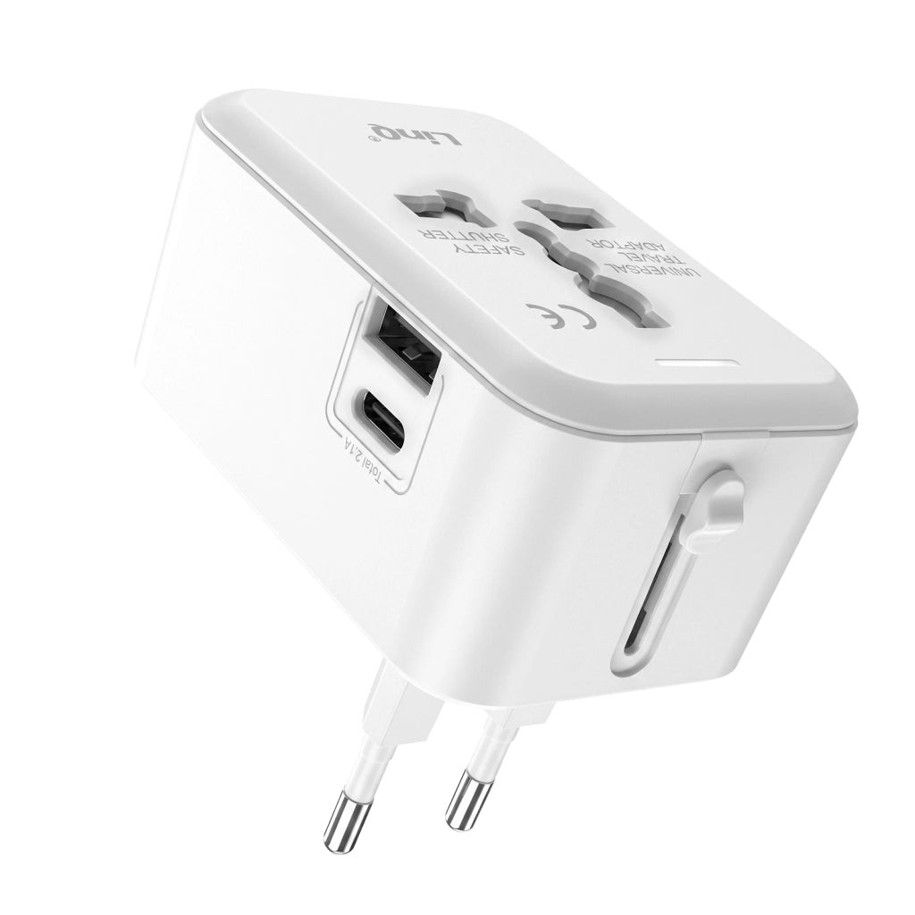 Adattatore Multipresa Internazionale Universale 2000W con 1 USB e USB-C Bianco LinQ