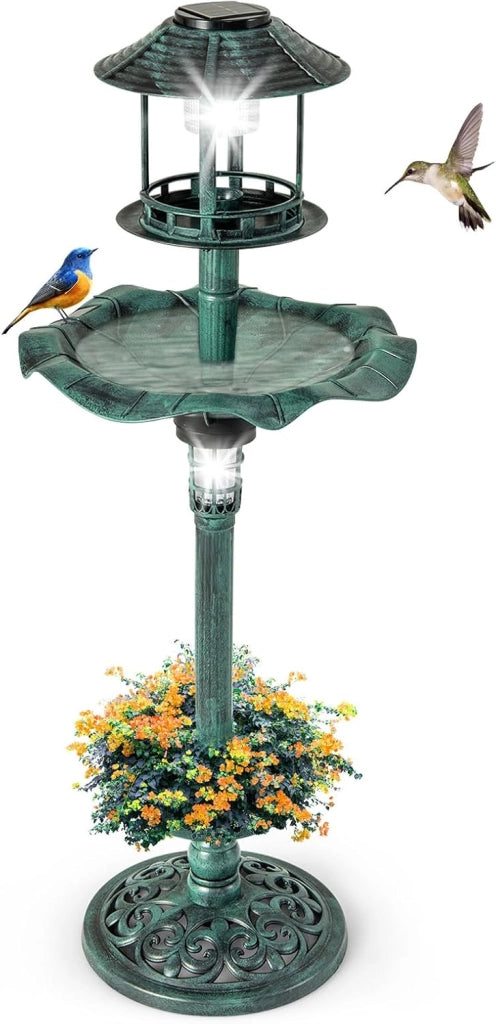 Magiatoia per Uccelli con Luce Solare Ø43 x 110H cm, Abbeveratoio per Uccelli Selvatici Decorazione da Esterno Rustico Effetto Bronzo, Vasca per Uccello da Giardino e Balcone (Bronzo Giallo)