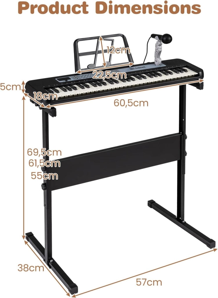 Tastiera elettronica per bambini di 3 anni+, microfono e leggio, pianoforte digitale 61 tasti con supporto regolabile, pianoforte elettronico, 200 toni e ritmi, 20 demo (nero)