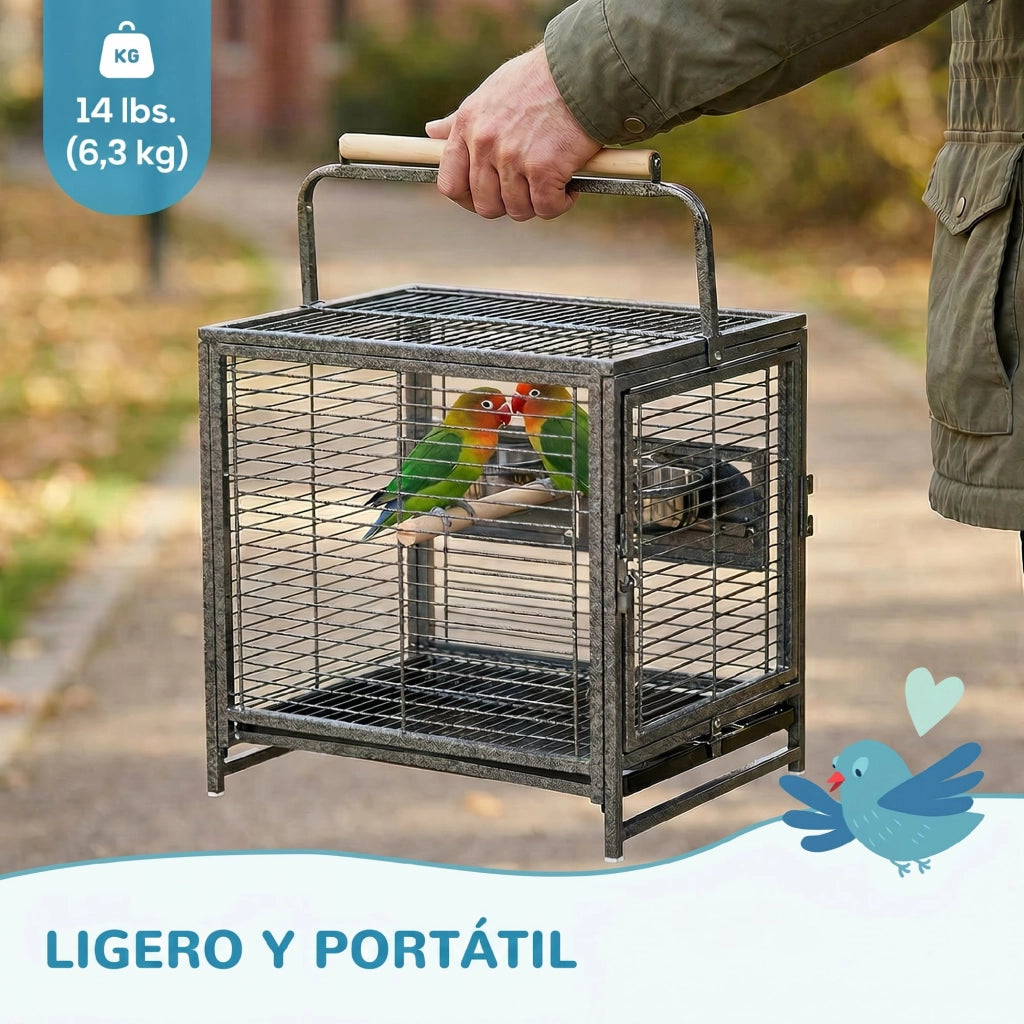 Gabbia per Uccelli Portatile ¨C Xylo ¨C 2 Trespoli in Legno, 2 Mangiatoie, Vassoio Estraibile, 48x38x47,8 cm, Nero