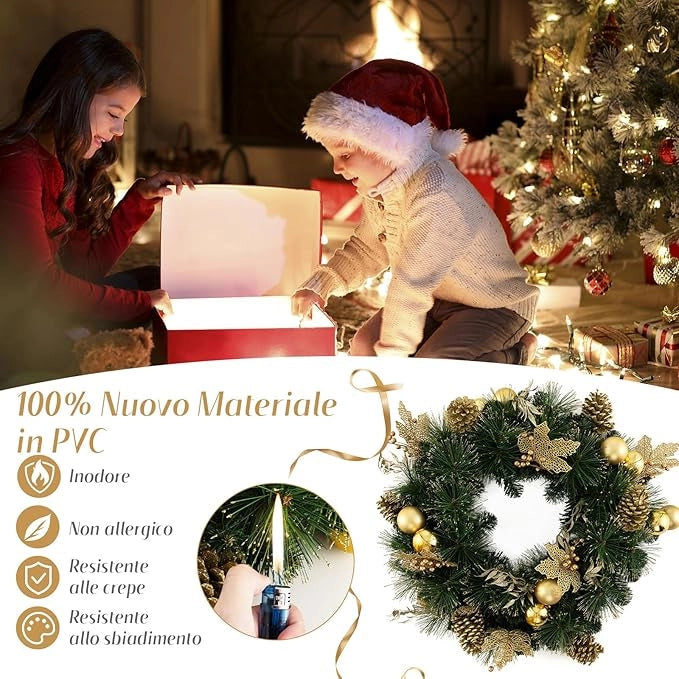 Ghirlanda Natalizia 60 CM con Luci LED Bianche Calde, Aghi di Pino, Pigne, Bacche, Ghirlanda di Natale a Batteria per Porta d'Ingresso, Finestra, Decorazione Natalizia Interna ed Esterna
