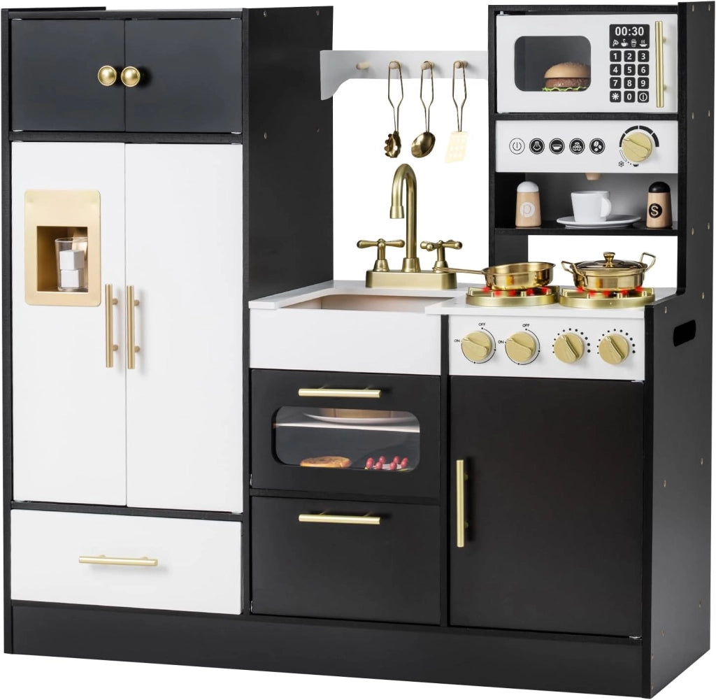 Cucina Giocattolo per Bambini, Set Cucinetta in Legno con Luci e Suoni Realistici, Fornelli, Lavello, Rubinetto, Forno, Microonde, Macchina del Caffè, Gioco di Finzione Chef per Bambini 3+
