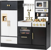 Cucina Giocattolo per Bambini, Set Cucinetta in Legno con Luci e Suoni Realistici, Fornelli, Lavello, Rubinetto, Forno, Microonde, Macchina del Caffè, Gioco di Finzione Chef per Bambini 3+