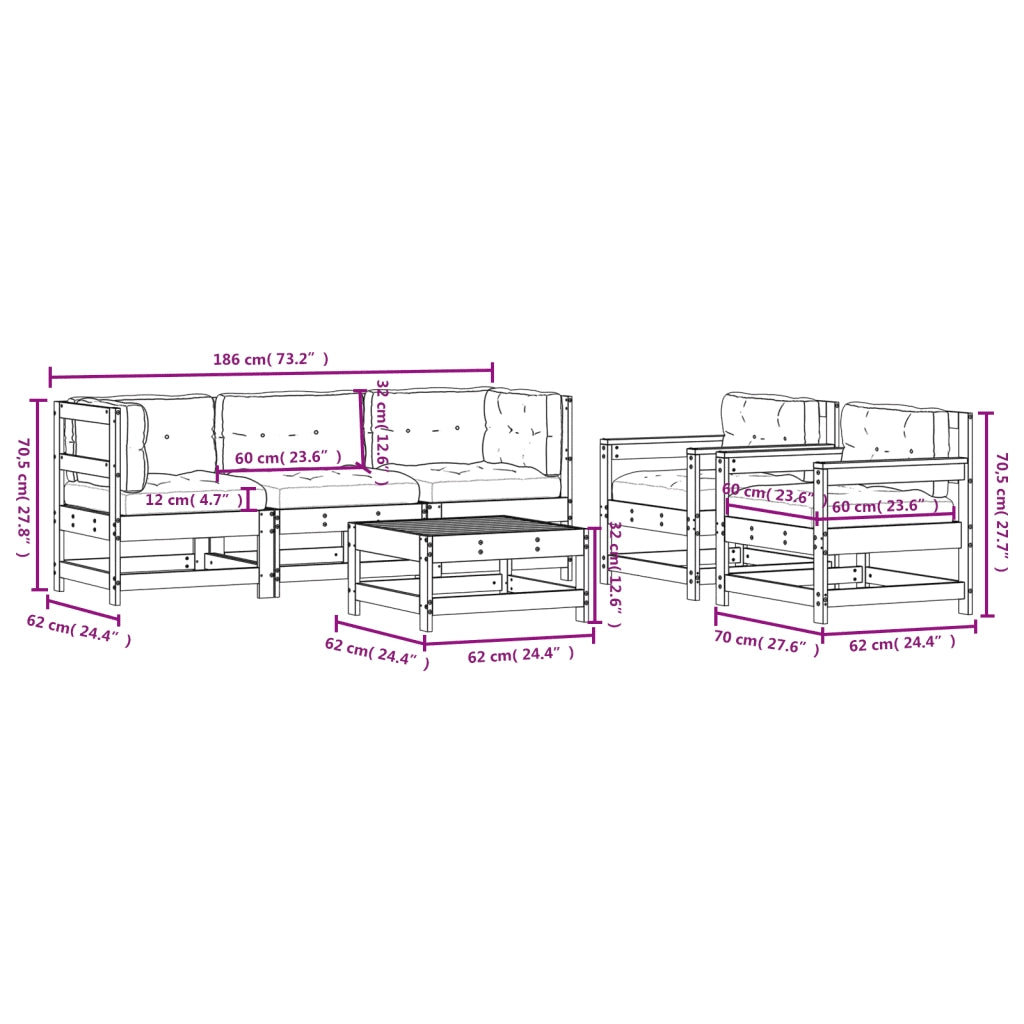 Set Divani da Giardino 6 pz con Cuscini in Legno Massello 3185815