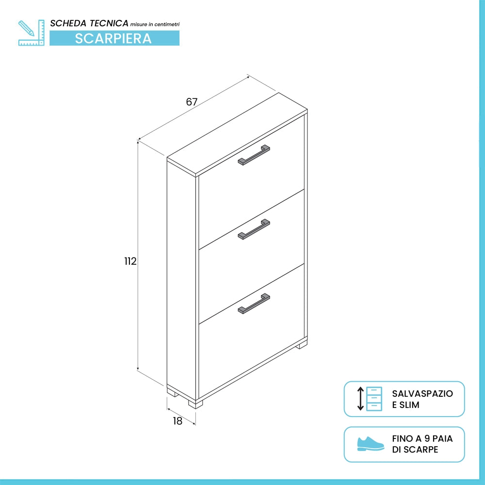 Scarpiera salvaspazio con tre ante a ribalta in legno bianco H 112 cm