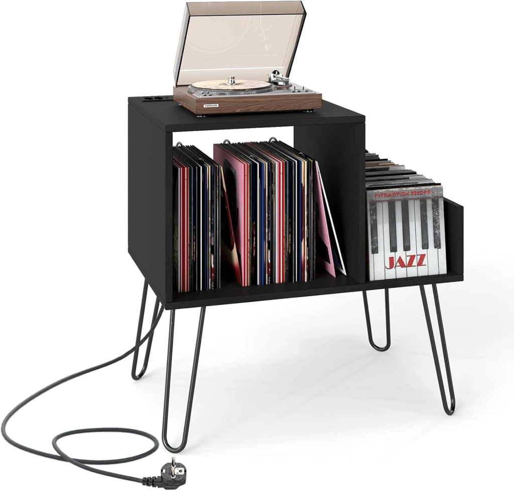 Supporto per giradischi, 66 x 45 x 67 cm, tavolino con stazione di ricarica integrata, mensola in vinile con gambe in metallo, armadio per camera da letto, soggiorno (marrone)