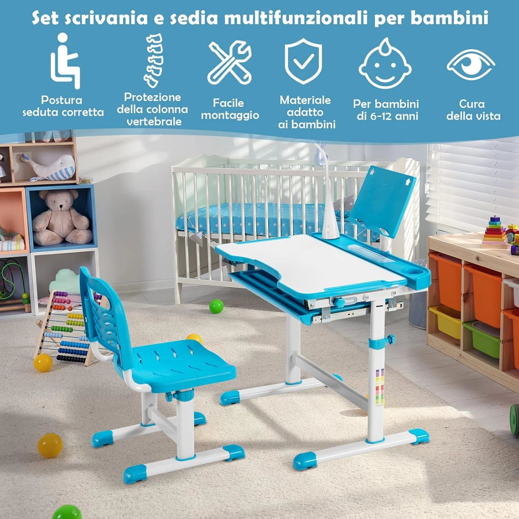Set Scrivania e Sedia per Bambini, Tavolo per Studiare con Altezza Regolabile, Luce LED e Superficie Inclinata, Scrivania e Sedia per Bambini per Istruzione (Blu)