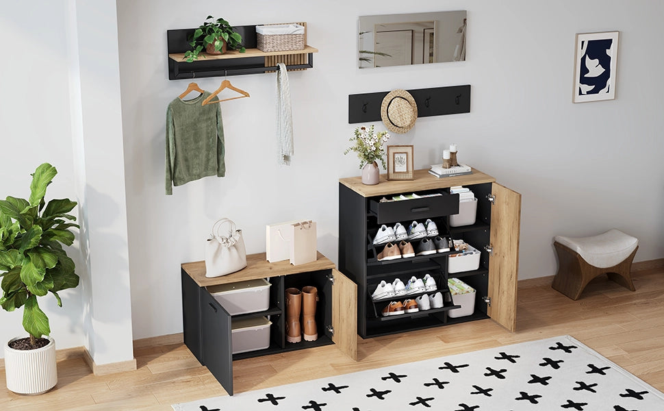 Set da ingresso 5 pezzi con specchio; 2 armadietti; 4 ganci e mensola; truciolato; nero e legno