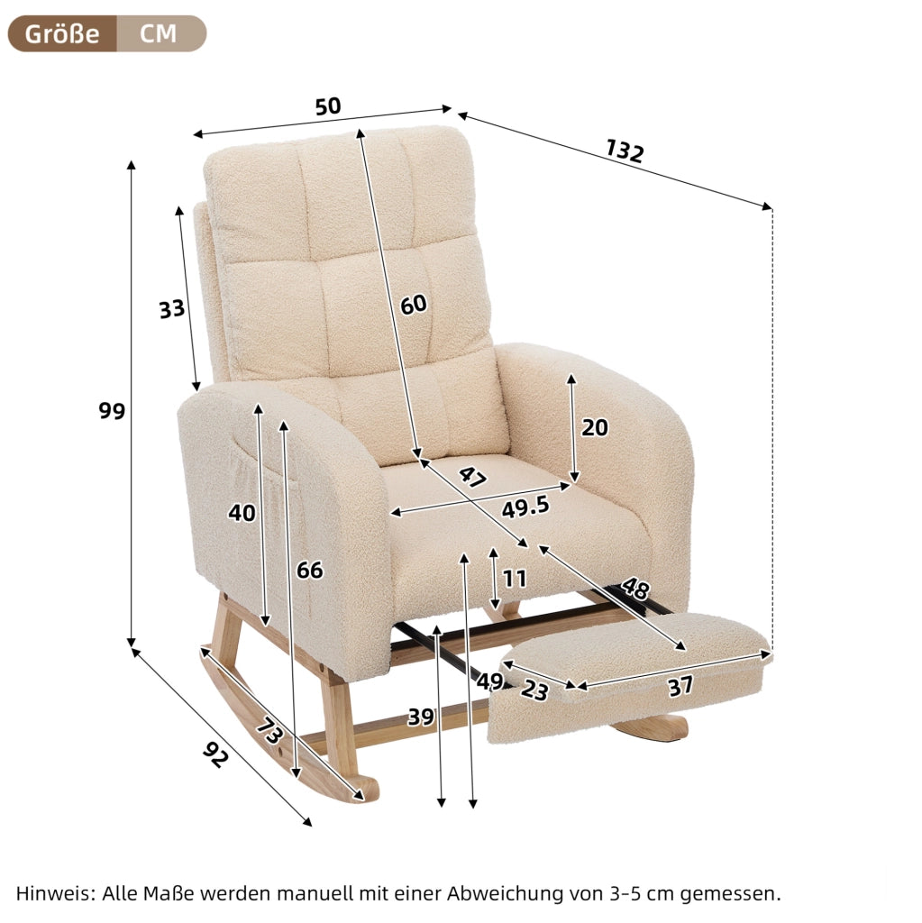 Poltrona a dondolo ergonomica beige in bouclé con tasca laterale