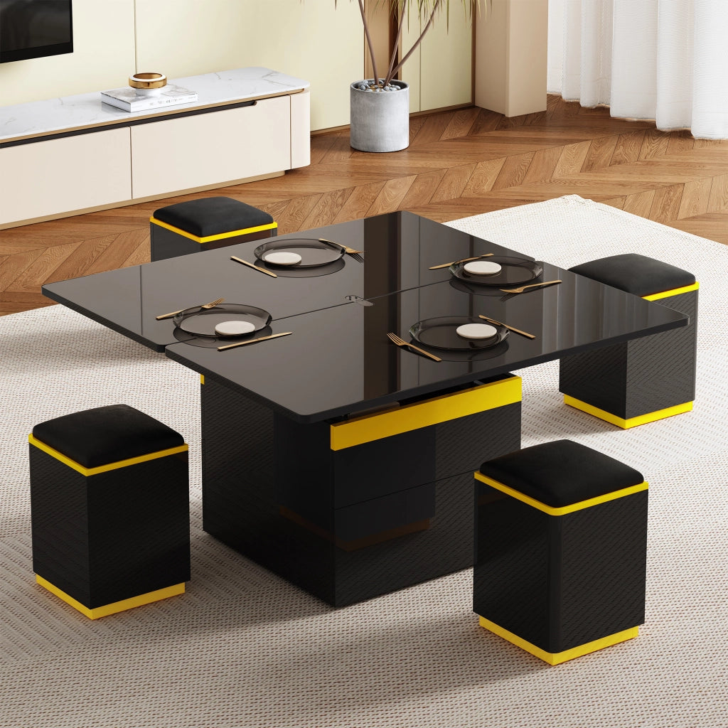 TAVOLINO Alzabile e ribaltabile 100x50x43 cm Nero e Giallo Set con 4 sgabelli
