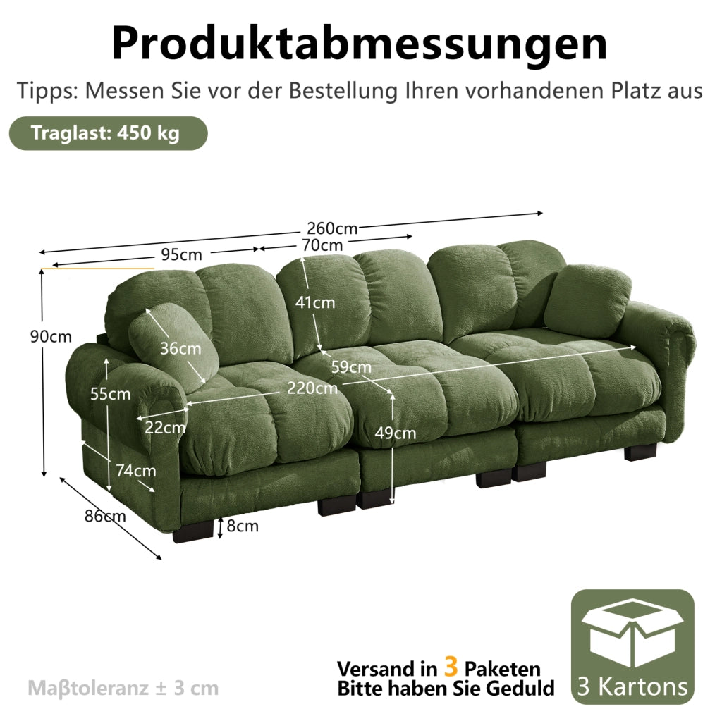 Divano modulare 3 posti 260x86x90 cm in chenille verde con cuscini trapuntati