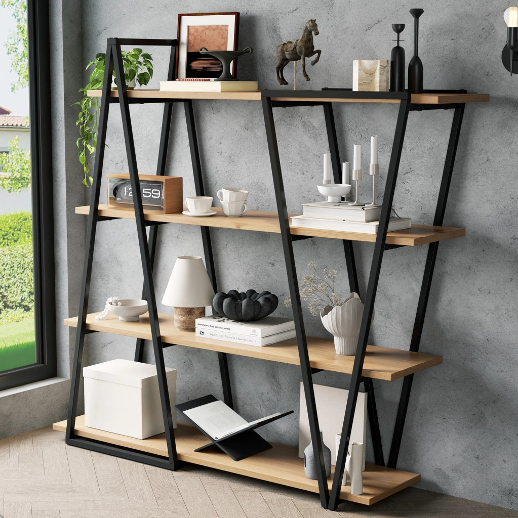 Libreria geometrica 158×35×166 cm in MDF nero e marrone