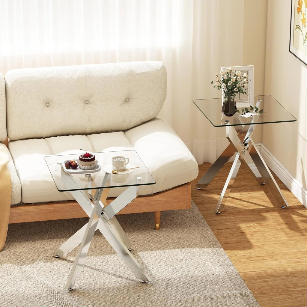 Tavolino Laterale in Vetro, Tavolino Moderno Quadrato con Piano in Vetro Temperato e Base a X in Metallo, Tavolo per Spazi Ristretti, per Soggiorno e Camera da Letto