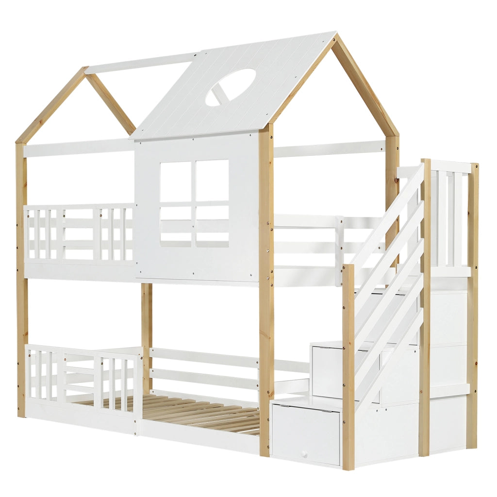 Letto a Castello 90x200 cm; 2 Posti - Scaletta contenitore; Tetto e Finestre - Bianco Naturale