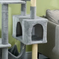 Albero per Gatti con Amaca, Lettino e 2 Casette, in Truciolato e Peluche, 55x49x177 cm, Grigio e Bianco