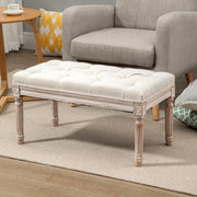 Sgabello imbottito in stile vintage francese, seduta in tessuto effetto lino, gambe in legno, crema bianco