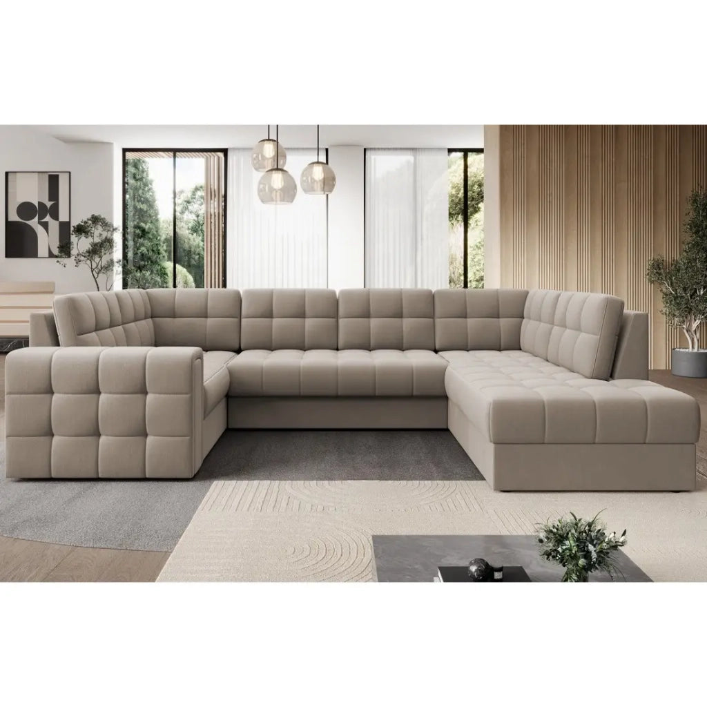 Divano ad angolo trasformabile MONTEZA beige 299 cm con vano contenitore e letto