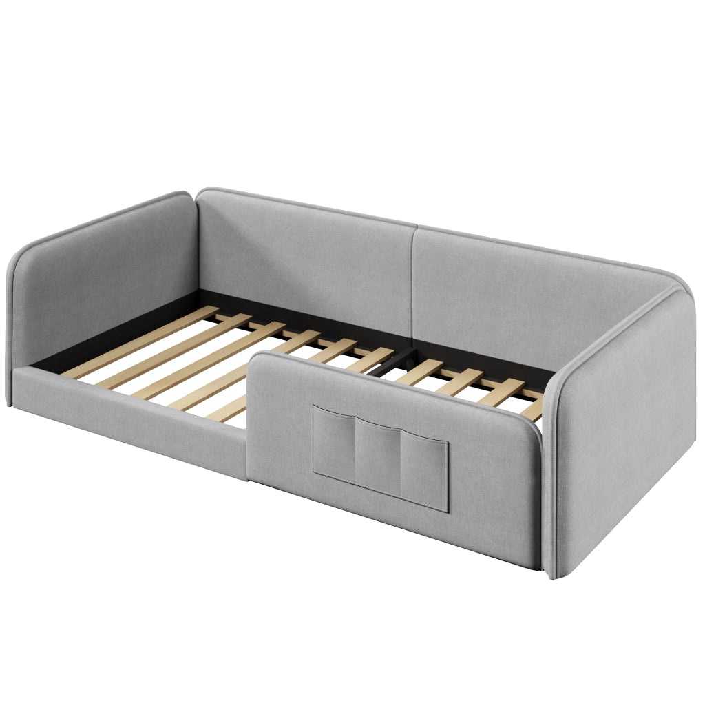 LETTO 90x200 cm in Lino Grigio con tasche laterali