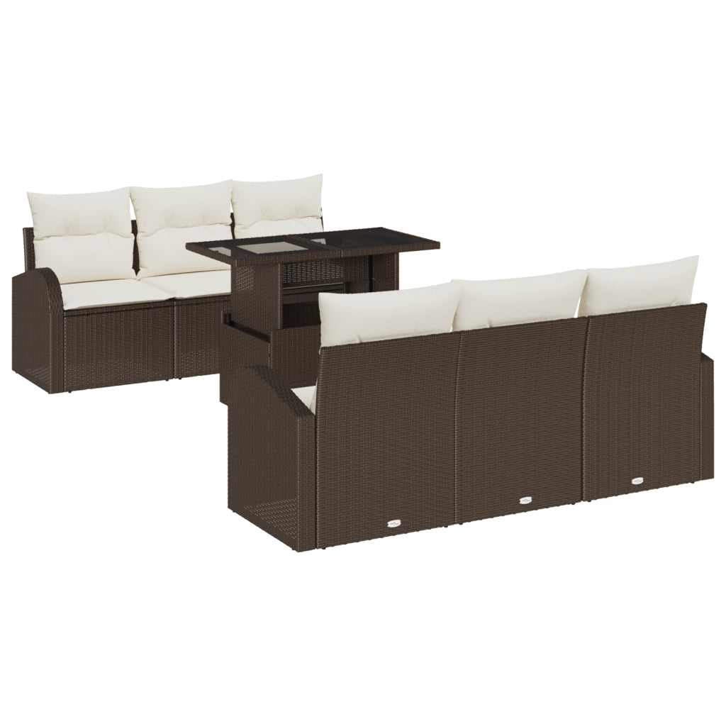 Set Divano da Giardino 7 Pezzi con Cuscini Marrone Polyrattan