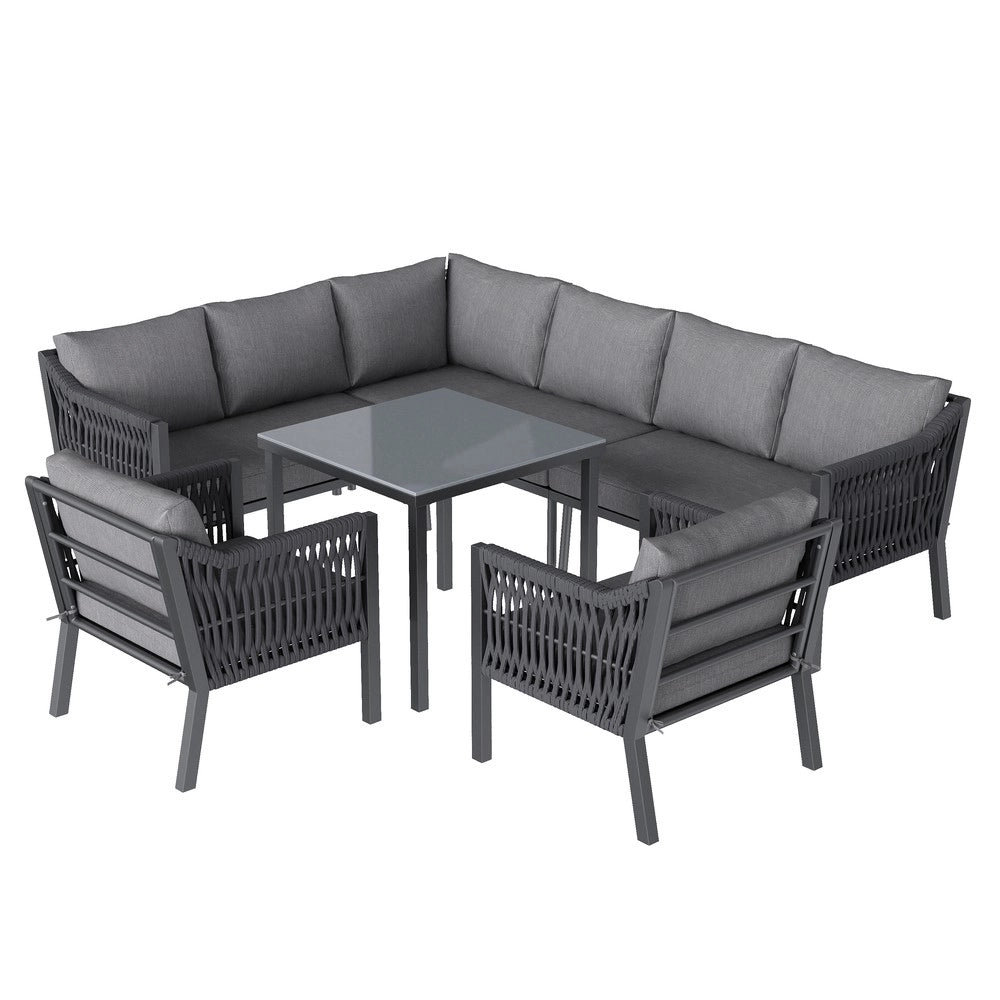 Set da Giardino 8 Posti con Tavolo in Vetro e Divano ad Angolo ¨C Xylo ¨C Grigio, Ferro, Corda