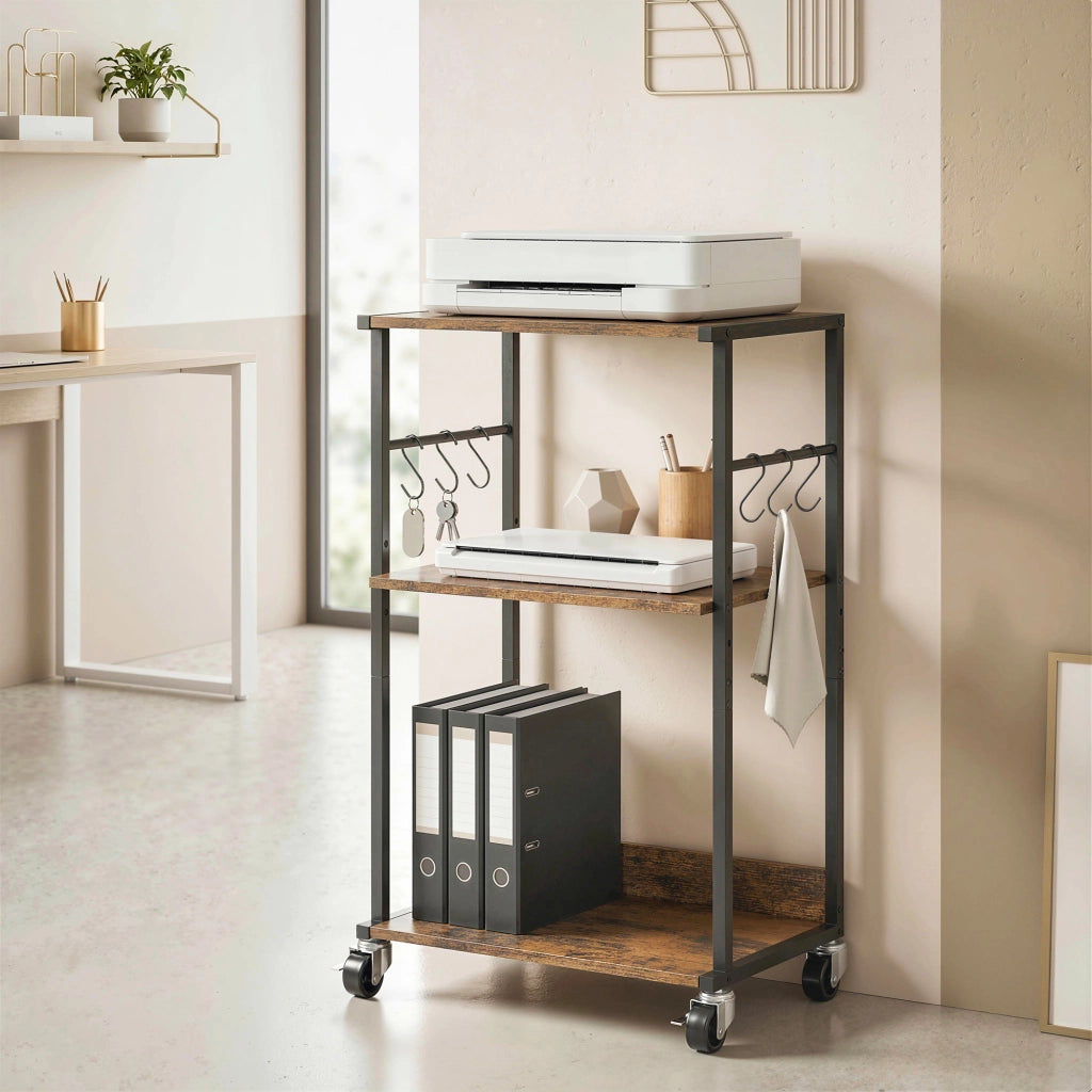 Mobile Supporto per Stampante a 3 livelli 43x30x82 cm con Ruote e Ganci in Legno e Metallo Marrone Rustico.