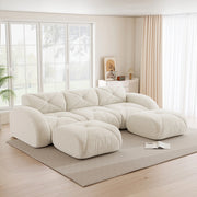 Divano panoramico a U modulare 3 posti senza telaio con 2 pouf in ciniglia beige chiaro 281 × 171 × 76 cm