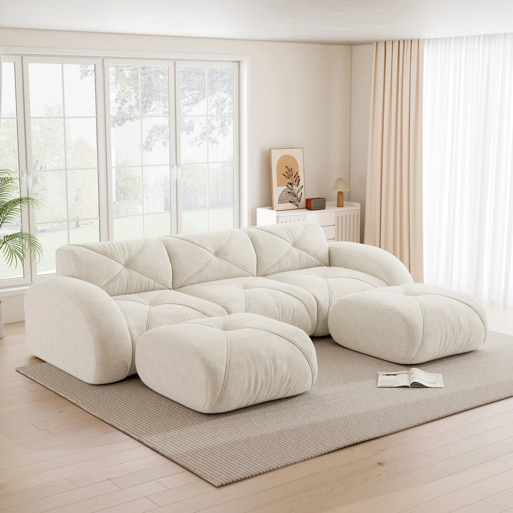 Divano panoramico a U modulare 3 posti senza telaio con 2 pouf in ciniglia beige chiaro 281 × 171 × 76 cm