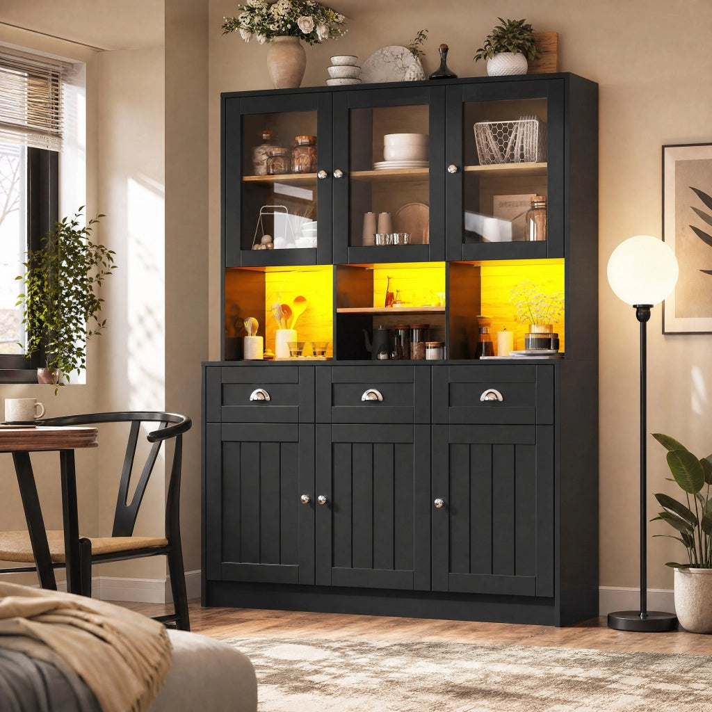 Credenza da cucina 140x40x175 cm in MDF nero con LED e ripiani regolabili