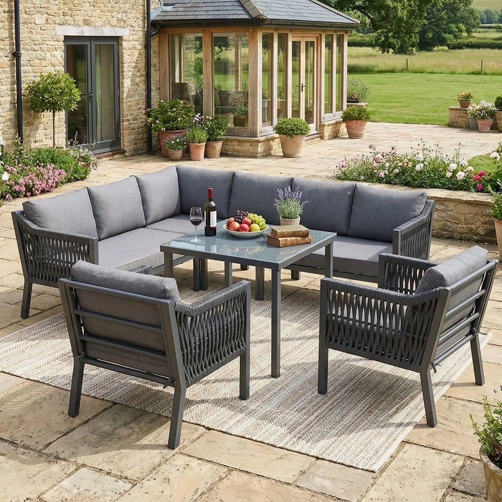 Set da Giardino 8 Posti con Tavolo in Vetro e Divano ad Angolo ¨C Xylo ¨C Grigio, Ferro, Corda