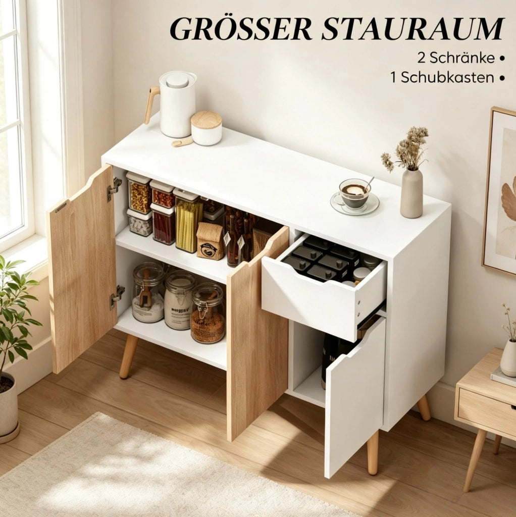 Credenza con 3 ante e cassetto estraibile; 90 x 30 x 72 cm; bianco e rovere chiaro
