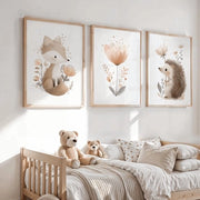 Postera da Parete 3 Pezzi - Decorazione per Bambini - Animali della Foresta - Volpe/Leopardo/Tartaruga - A3 - Illustrazioni Naturali