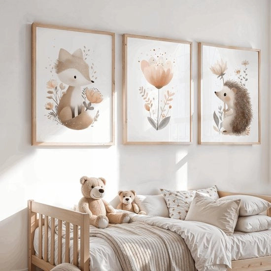 Postera da Parete 3 Pezzi - Decorazione per Bambini - Animali della Foresta - Volpe/Leopardo/Tartaruga - A3 - Illustrazioni Naturali