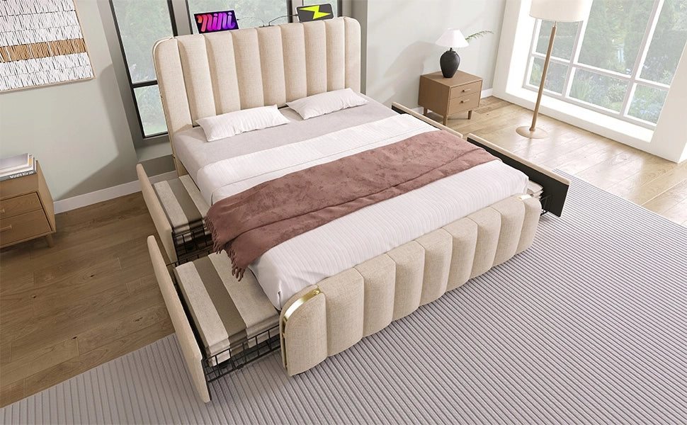 Letto matrimoniale - Xylo - 140x200 cm - Detagli dorati USB-C 4 cassetti con materasso
