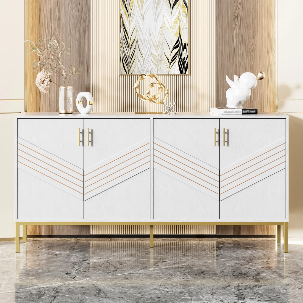 Credenza con 4 Ante e 2 Ripiani Regolabili; Design Geometrico Moderno; in MDF; 160??40??80;5 cm; Bianco