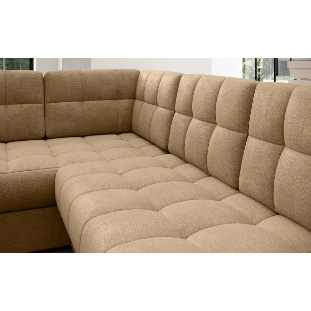 Divano angolare convertibile MONTEZA marrone chiaro 299 cm con contenitore e letto