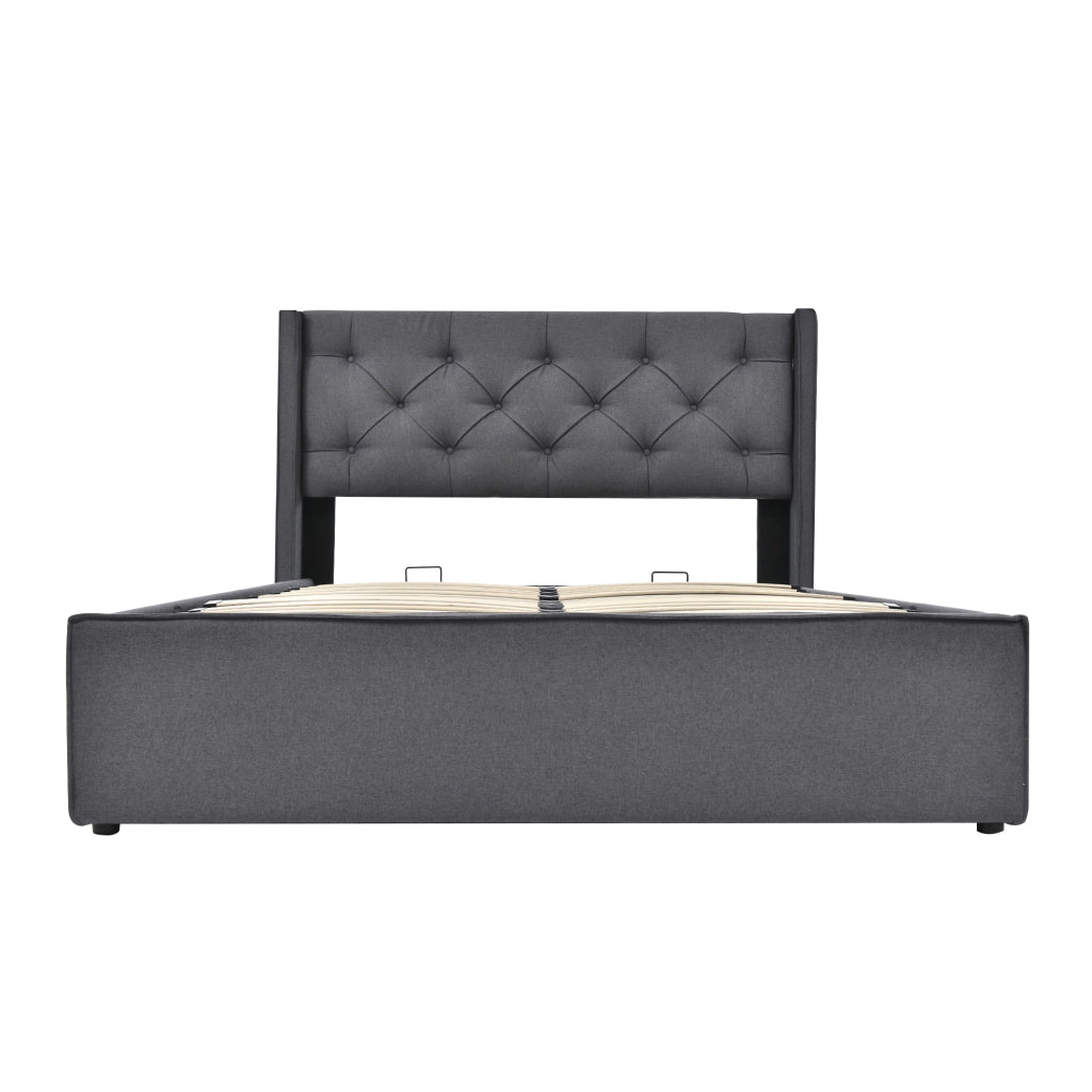 Letti contenitori 140x200 cm con testiera imbottita e rete sollevabile; legno; grigio (Senza materasso)